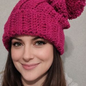 Cozy Hand-Crocheted Slouchy Magenta Pom Pom Hat